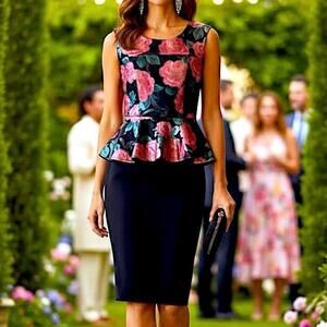 EnFocus Studio Floral Peplum Dress Black Metallic Cocktail Size 4